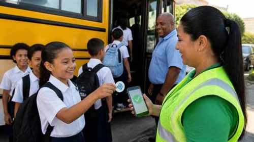 Una adulta registra la asistencia escaneando la tarjeta NFC del alumno al subir