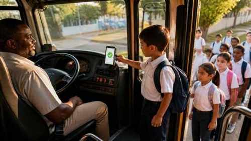 El celular del conductor en el tablero registra la asistencia del alumno con NFC